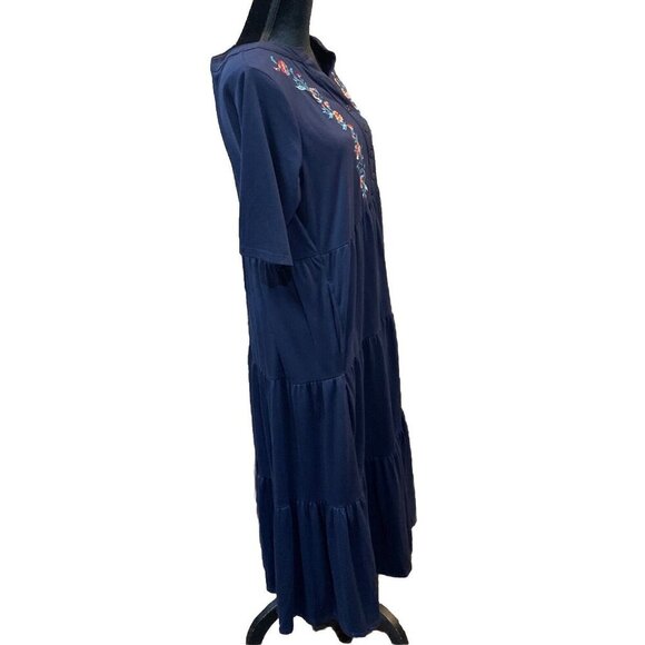 Woman Within Medium 14/16 Maxi Dress Blue Embroidered Floral Boho Cottage Travel - Picture 4 of 10